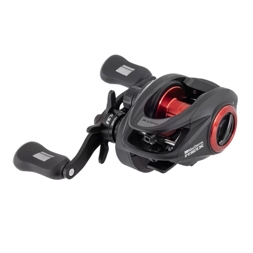Fishing reel with black and red design on a white background