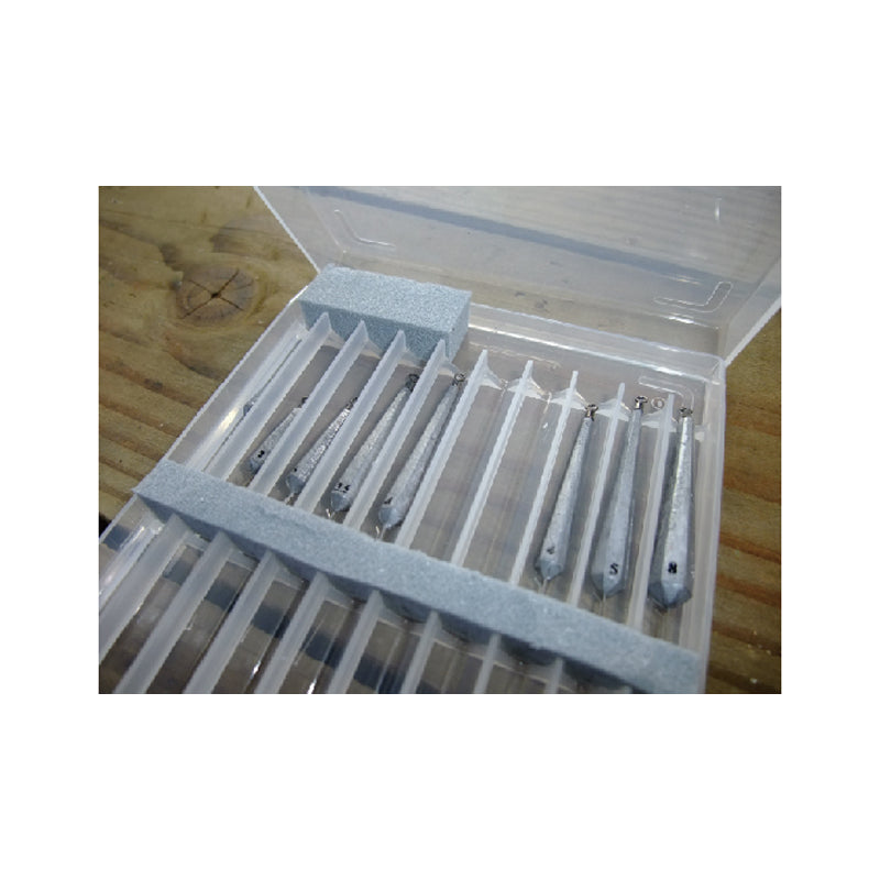 Inside view of Sasame sinker case showing multi-slot compartments