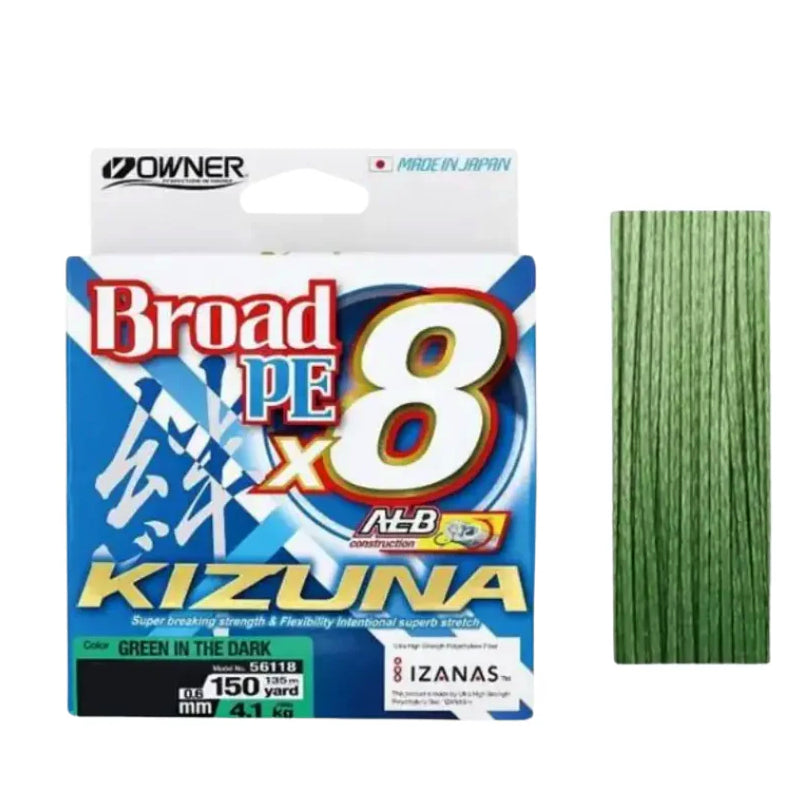 Owner Kizuna Broad PE x8 braided fishing line spool – strong and smooth casting line for freshwater and saltwater fishing.