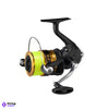 Fishing reel with a green spool on a white background