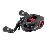 Fishing reel with black and red design on a white background