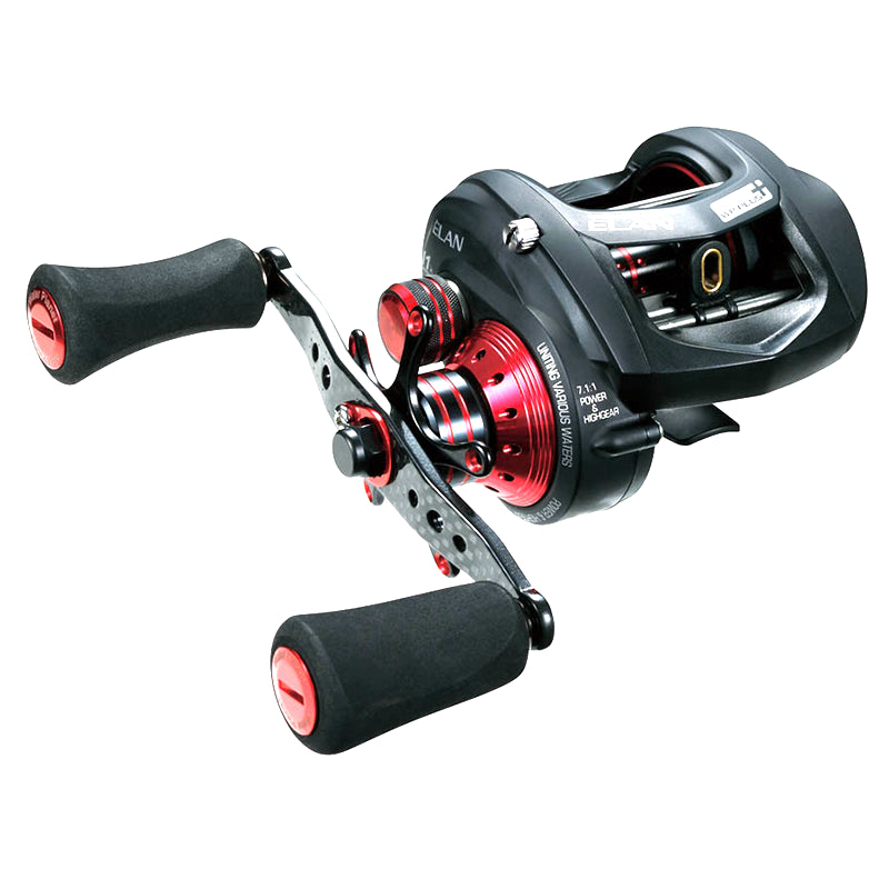 Close-up of Tailwalk Elan 71L deep forged aluminum spool with Syncro Level Wind System and dial-type centrifugal brake visible"