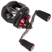 "Tailwalk Elan Wide Power Plus 71L baitcasting reel, side view showing aluminum frame, forged spool, and carbon double handle"