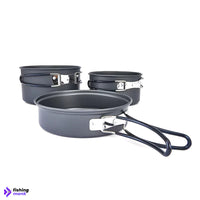 Anko Camping 3 Piece Pot Set stacked together, showcasing its lightweight, space-saving design for outdoor cooking.