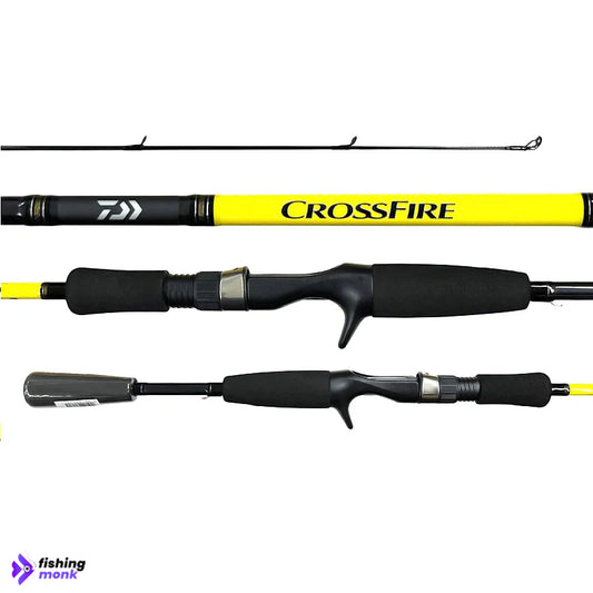 Premium Daiwa Crossfire baitcasting rod with graphite blank and ergonomic EVA handle.