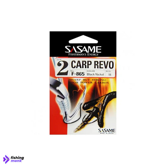 High-quality Sasame Carp Revo F-865 Black Nickel Hooks designed for carp fishing, featuring sharp tips and corrosion-resistant coating.